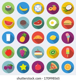 Set Of Food Icons In Flat Design With Long Shadows Part 1