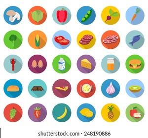 Set of food icons in flat design with long shadows