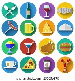 Set of food icons in flat design with long shadow