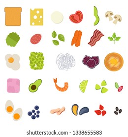 Set of food icons in flat style. Fruits, vegetables, meat, fish, bread, cheese, sweets.  Ingredients collection. Vector illustration