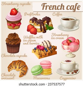 Set of food icons. French cafe. Chocolate cupcake, profitroles, cup of coffee, cappuccino, Viennese waffles, chocolate croissant, macaroons, strawberry ice cream