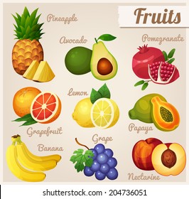 Set of food icons. Fruits.  Pineapple, avocado, pomegranate, grapefruit, lemon, papaya, banana, grape, nectarine.