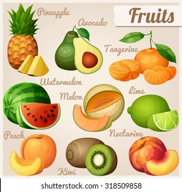 Set of food icons. Fruits. Pineapple (ananas), avocado, mandarin (tangerine), watermelon, melon (cantaloupe) , lime, peach, nectarine