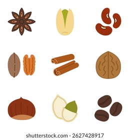 Set of food icons including nuts, seeds, and spices for culinary use. Vector illustration.