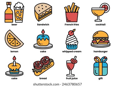 A set of food icons including a sandwich, a hamburger, a cake, a lemon, a sandwich, a cake, a hamburger, a sandwich, a cake, a hamburger, a sandwich, a cake, a hamburger, a