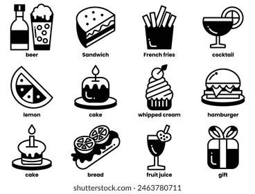 A set of food icons including a sandwich, a hamburger, a cake, a lemon, a sandwich, a cake, a hamburger, a sandwich, a cake, a hamburger, a sandwich, a cake, a hamburger, a