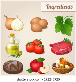 Set of food icons. Ingredients. Loaf of bread, raw eggs, fresh meat, tomatoes, olive oil in bottle, onions, parsley, red apple, dried fruits and nuts.