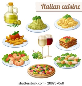 Set of food icons isolated on white background. Italian cuisine. Spaghetti with pesto, lasagna, penne pasta, pizza, olive oil, macaroni and cheese, red and white wine in glasses, prawns, caesar salad