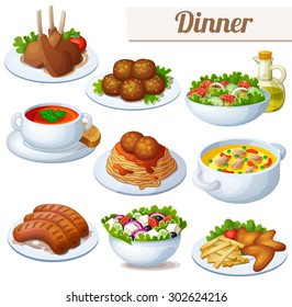 Set of food icons isolated on white background. Dinner. Lamb chops, spaghetti with meat balls, salad with olive oil, cream soup, bollion, grilled sausages, greek salad, chicken wings