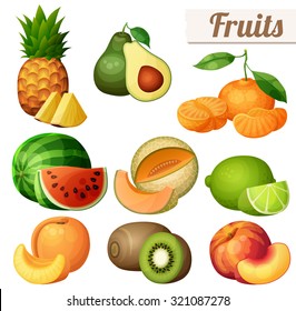 Set of food icons isolated on transparent background. Fruits. Pineapple (ananas), avocado, mandarin (tangerine), watermelon, melon (cantaloupe), lime, peach, nectarine