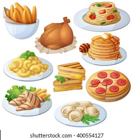 Set of food icons isolated on white background. Dinner. Sweet potato fries, pancakes, pasta with tomatoes, pepperoni pizza, roasted chicken, chicken strips, pelmeni, sandwiches, macaroni and cheese