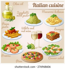 Set of food icons. Italian cuisine. Spaghetti with pesto, lasagna, penne pasta with tomato sauce, pizza, olive oil, macaroni and cheese, red and white wine in glasses, prawns, caesar salad