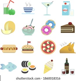 Set of food icons. Juice, coffee, drink, milk, melon, ice cream, donut, cake, hot dog, burger, pizza, chicken, fish, rolls, wine