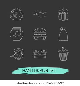 Set of food icons line style symbols with candle, cinnamon roll, double burger icons for your web mobile app logo design.