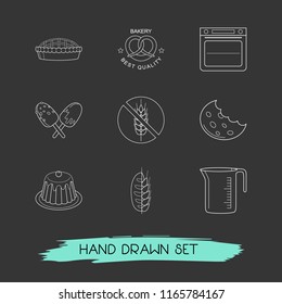 Set of food icons line style symbols with measuring cup, half eaten cookie, ice cream and other icons for your web mobile app logo design.