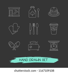 Set of food icons line style symbols with spoon, takeaway coffee, baker shop and other icons for your web mobile app logo design.
