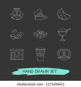 Set of food icons line style symbols with box of donuts, cake box, baker shop and other icons for your web mobile app logo design.