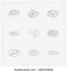 Set of food icons line style symbols with russian borsch, bulgarian banitsa, croissants and other icons for your web mobile app logo design.
