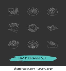 Set of food icons line style symbols with khachapuri adjaruli, indonesian nasi goreng, nutrition and other icons for your web mobile app logo design.