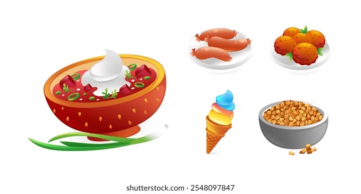 Set of food icons lunch, borscht, sausages, cutlets, buckwheat porridge, ice cream, realistic in 3d style.