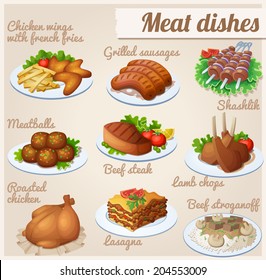 Set of food icons. Meat dishes. Chicken wings with french fries, grilled sausages, shashlik, meatballs, beef steak, lamb chops, roasted chicken, lasagna, beef stroganoff.