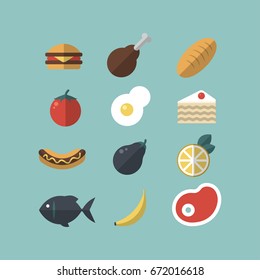 Set of food icons. Meat, vegetables, hot-dog, cake,bread, fish. Flat-style on blue background