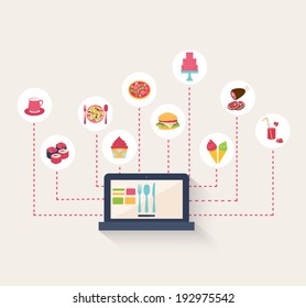 Set of food icons on a blog surrounding a laptop computer with coffee, sushi, pasta, pizza, burger, cake, ice cream cones, roast meat, cupcake, and cocktails, vector illustration