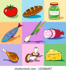 Set of food icons on the colorful backgrounds. Vector.