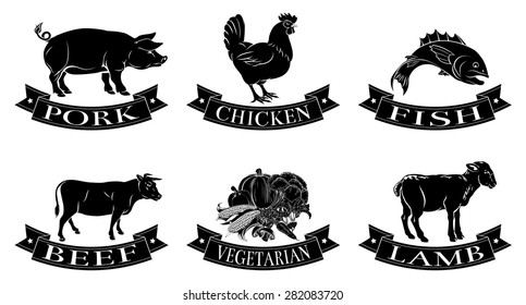 A Set Of Food Icons, Packaging Labels Or Menu Illustrations For Beef Chicken Fish Pork Lamb And Vegetarian Options