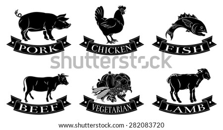 A set of food icons, packaging labels or menu illustrations for beef chicken fish pork lamb and vegetarian options