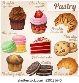 Set of food icons. Pastry. Strawberry  and chocolate cupcakes, chocolate croissant, macaroons, red velvet cake, choc chip cookie, blueberry muffin.