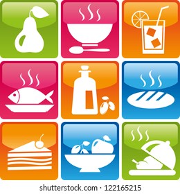 Set of food icons: pear, soup, plate, spoon, ice, drink, fish, olive oil, bread, cake, sweets, fruit, hot chicken.