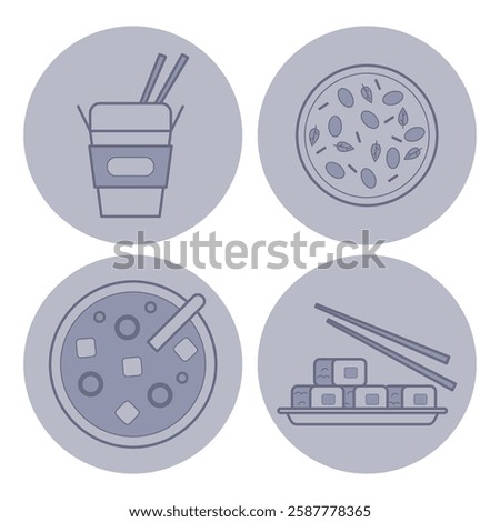 Set of food icons of popular Asian dishes. Sushi, noodles, rice dishes. Menu or culinary concept