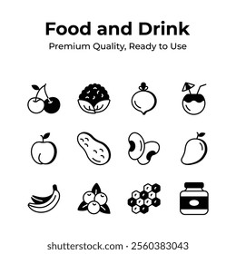 Set of food icons with range of fruits and health items