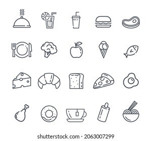 Set of food icons. Simple website images, icons. Correct and improper nutrition, line art. Pizza, hamburger, apple, cheese, broccoli. Cartoon flat vector illustration isolated on white background