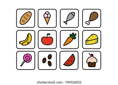 Set of food icons with square frame