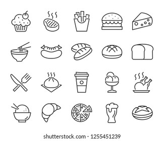set of food icons, such as bread, meat, fries, breakfast, drinks