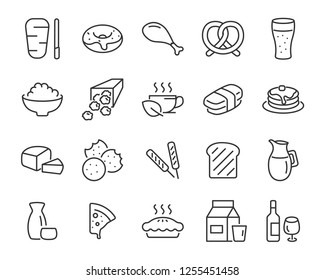 set of food icons, such as bread, meat, fries, breakfast, drinks