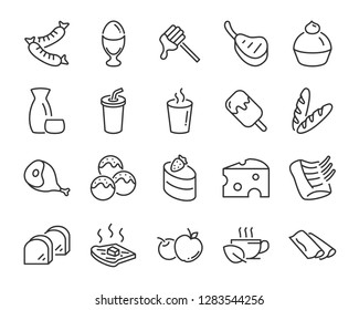 set of food icons, such as cooking, cheese, bread, meat, sweet, cake