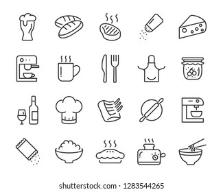 set of food icons, such as cooking, cheese, bread, meat, sweet, cake