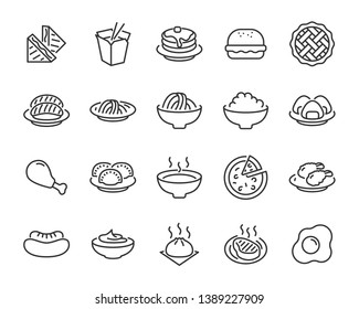 set of food icons, such as pizza, noodle, rice, pie, steak, fried chicken, sushi, dumpling