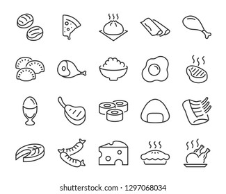 set of food icons ,such as sushi, rice, meat, boil egg, fish