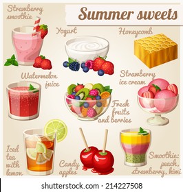 Set of food icons. Summer sweets. Strawberry smoothie, yogurt, honeycomb, watermelon juice, salad, strawberry ice cream, iced tea with lemon, candy apples, smoothie with peach, strawberry and kiwi. 