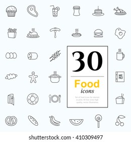 Set of food icons for web or services. 30 line icons high quality, vector illustration.