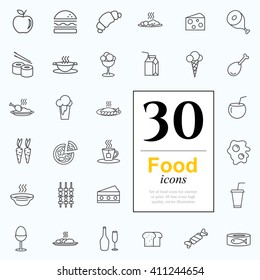 Set of food icons for web or services. 30 line icons high quality, vector illustration.