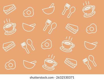 Um conjunto de padrão de ilustração de alimentos com fundo marrom macio, embalagem de alimentos, menu ilustração mão desenhado anúncios impressos, negócio de alimentos