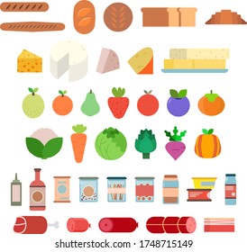 Set of Food Illustrations: Dairy Products, Fruits, Vegetables, Canned Food, Bread and Meat.  