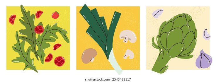 conjunto de ilustrações de alimentos com cebola de alface e alcachofra. Folhas de salada de alface de desenhos animados. couve de alcachofra. legumes verdes de jardim. Alimentos vegetarianos diferentes. Elementos de design agrícola