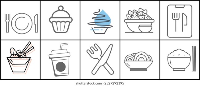 A set of food images with a fork and knife in the middle. The fork and knife are in the middle of the image, with a cup and a bowl on either side. The cup is on the left