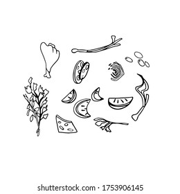 Set of food ingredient doodles in vector. Healthy food frame vector illustration. Vegetables and meat outline signs. 